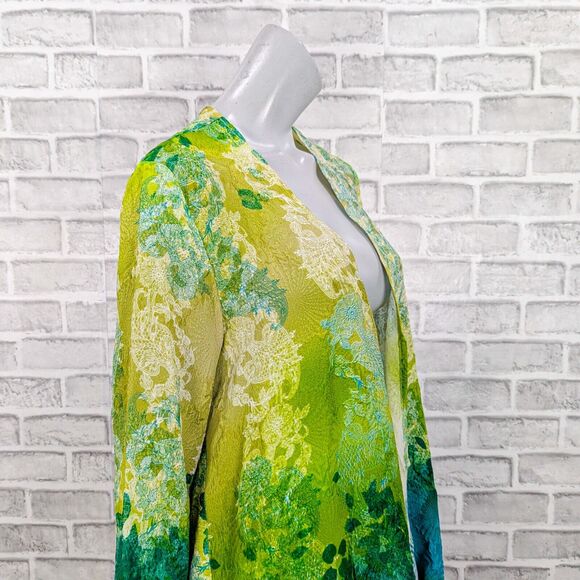 CITRON of Santa Monica 100% Silk long Kimono open blouse Green floral sz Large - Picture 9 of 9